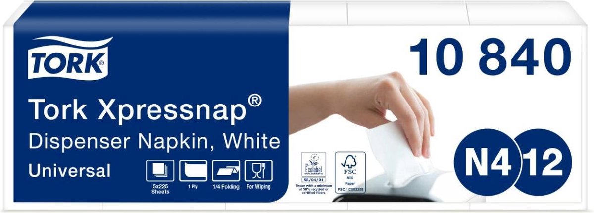 Tork Xpressnap® Dispenserservet Wit N4, 1/4-vouw 1-laags, 8 x 225 servetten (10840)
