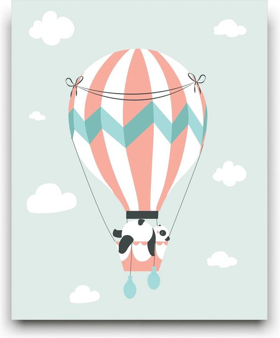 Schilderij  Slapende Panda in een Luchtballon Groen - Kinderkamer - Dieren Schilderij - Babykamer / Kinder Schilderij - Babyshower Cadeau - Muurdecoratie - 50x40cm - FramedCity