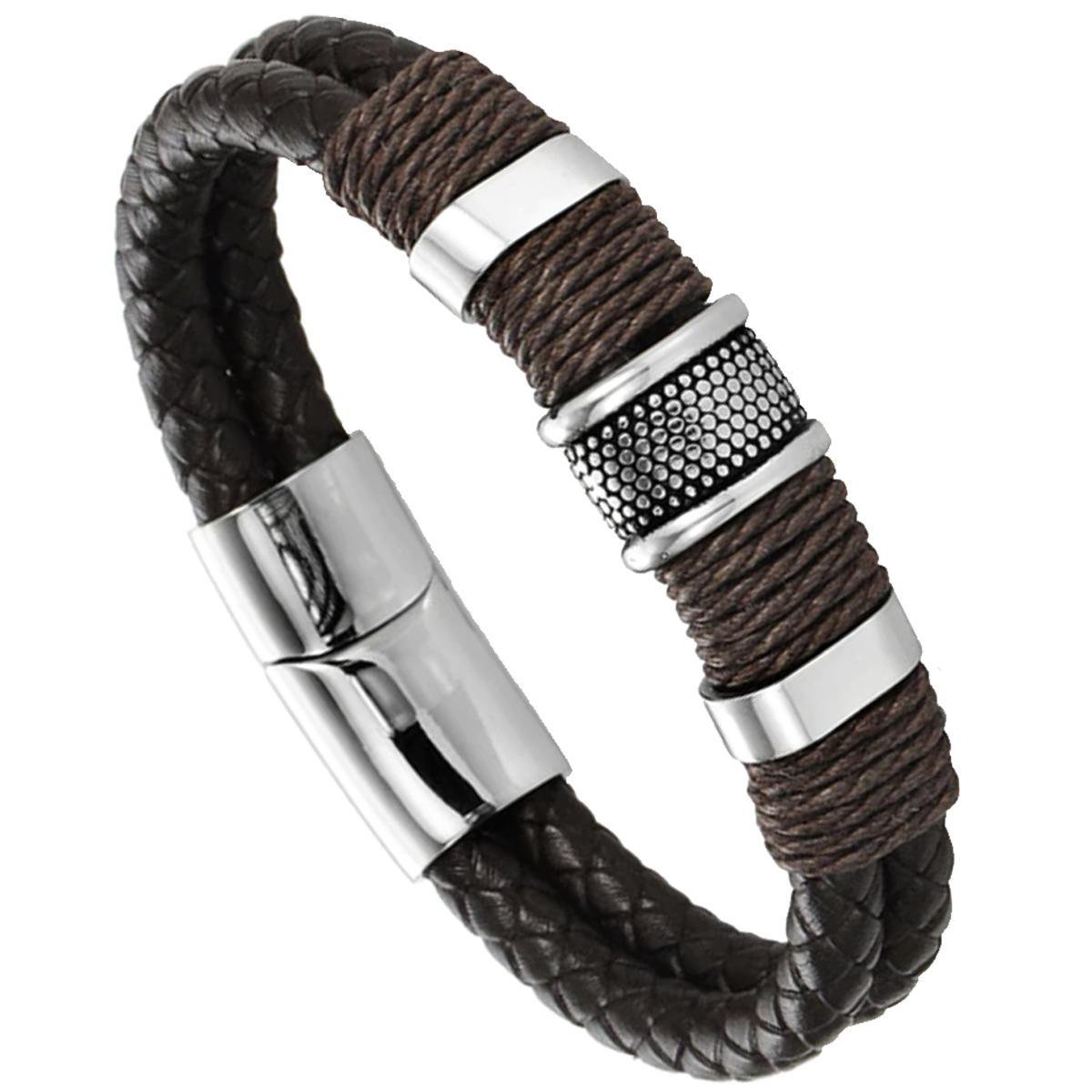 Victorious Leren Armband Heren – Dubbel Leer & RVS Roestvrij Staal– Bruin/Zilver – 22cm