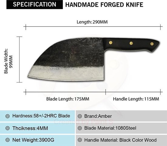 Specificaties van een handgemaakte gesmede hakbijl: lengte, breedte, dikte, gewicht, hardheid en materiaalinformatie.