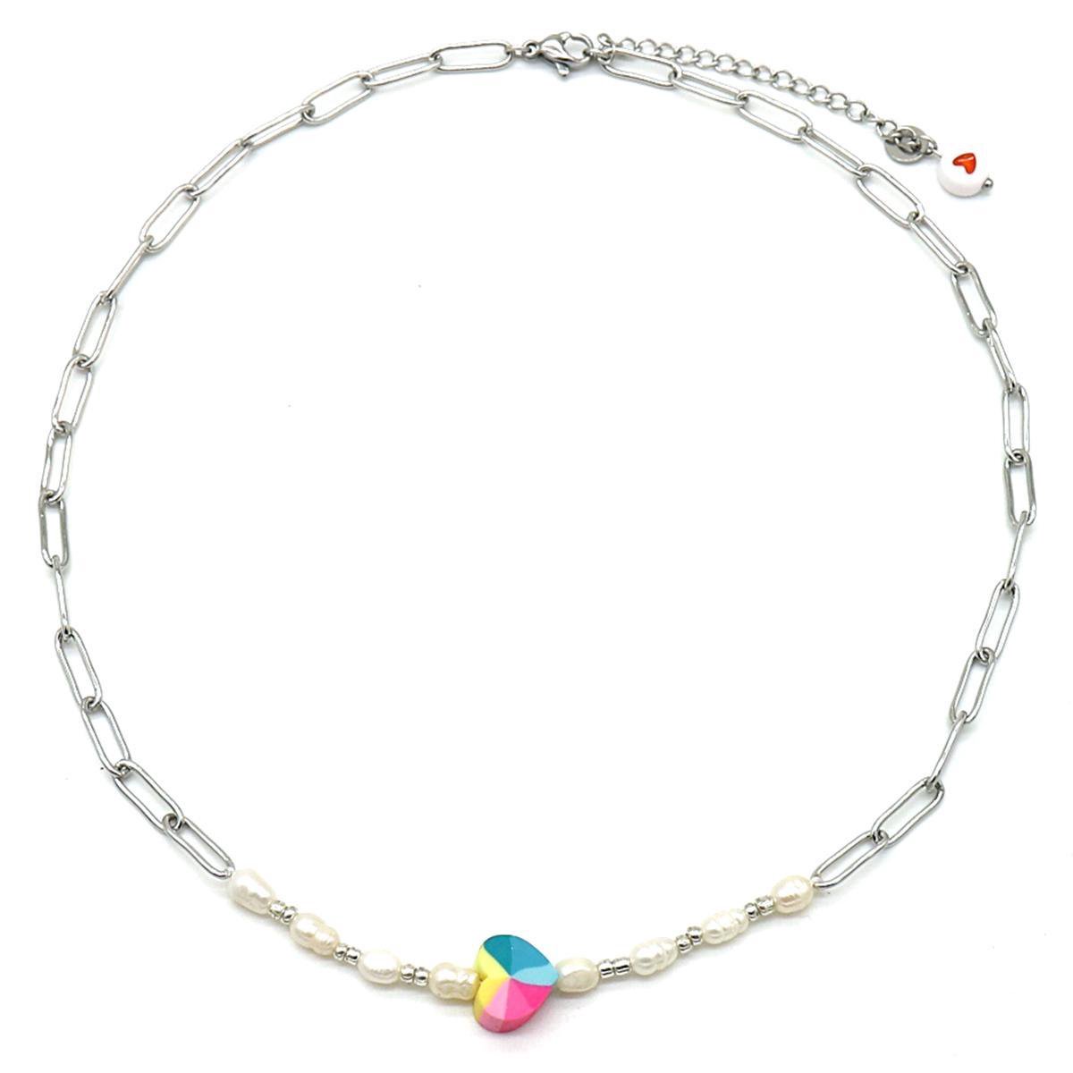 Ketting Hart en Parels - RVS - Lengte Verstelbaar 45-50 cm - Zilverkleurig – valentijn – cadeau