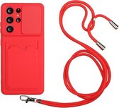 Voor Samsung Galaxy S21 Ultra 5G Sliding Camera Cover Design TPU Beschermhoes met Card Slot & Neck Lanyard (Rood)