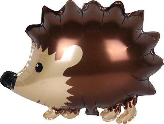 Een egel-vormige ballon met bruine en beige tinten, met zwarte oogjes en pootjes.