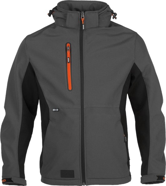 Antracietkleurige softshell jas met zwarte zijpanelen en oranje ritsen.
