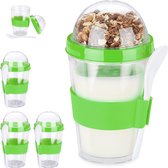 Relaxdays 4x muesli beker to go groen - yoghurtbeker - to go beker - met lepel - bekers
