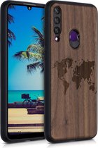 kwmobile telefoonhoesje compatibel met Huawei Y6p - Hoesje met bumper in donkerbruin - walnoothout - Wereldkaart design