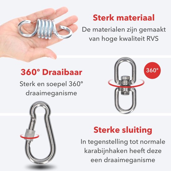 Close-up van sterke, 360° draaibare RVS ophanghaken en karabijnhaak.