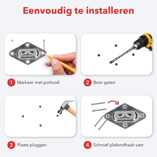 Vier stappen om een plafondhaak te installeren: markeren, boren, pluggen plaatsen, haak vastschroeven.