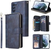Voor Samsung Galaxy S21 FE Rits Portemonnee Tas Horizontale Flip PU Lederen Case met Houder & 9 Kaartsleuven & Portemonnee & Lanyard & Fotolijst (Blauw)