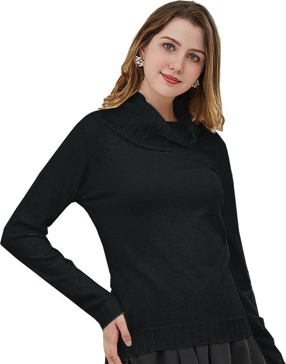 Manlee - m.l. Fijngebreide trui met wijde col en lange mouwen - Relaxed fit - Zwart - Maat: XL