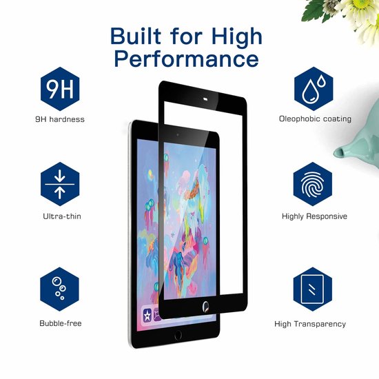 Tablet met gehard glas screenprotector en de tekst 'Built for High Performance' met pictogrammen