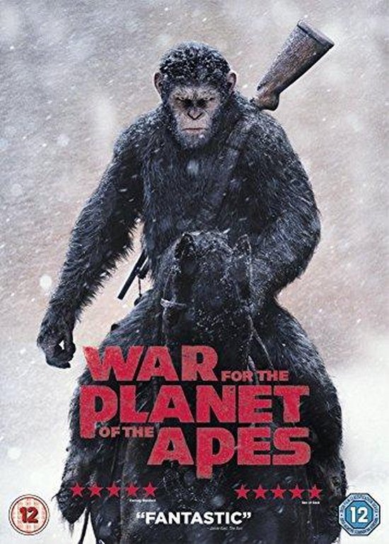Voorzijde DVD hoes "War for the Planet of the Apes" met een aap met een geweer op zijn schouder. Op de voorgrond staat "WAR FOR THE PLANET OF THE APES".