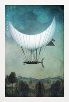 JUNIQE - Poster met houten lijst The Moon Ship -13x18 /Blauw & Grijs