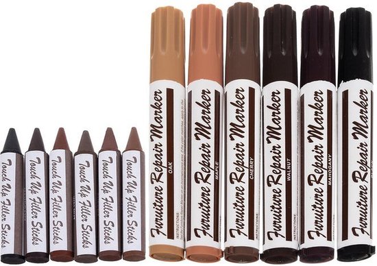 Meubel markers en wax krijtjes  - Eiken, zwart, kersen, mahonie, esdoorn en walnoot - Meubelstift - Meubel reparatie stiften - 12 stuks
