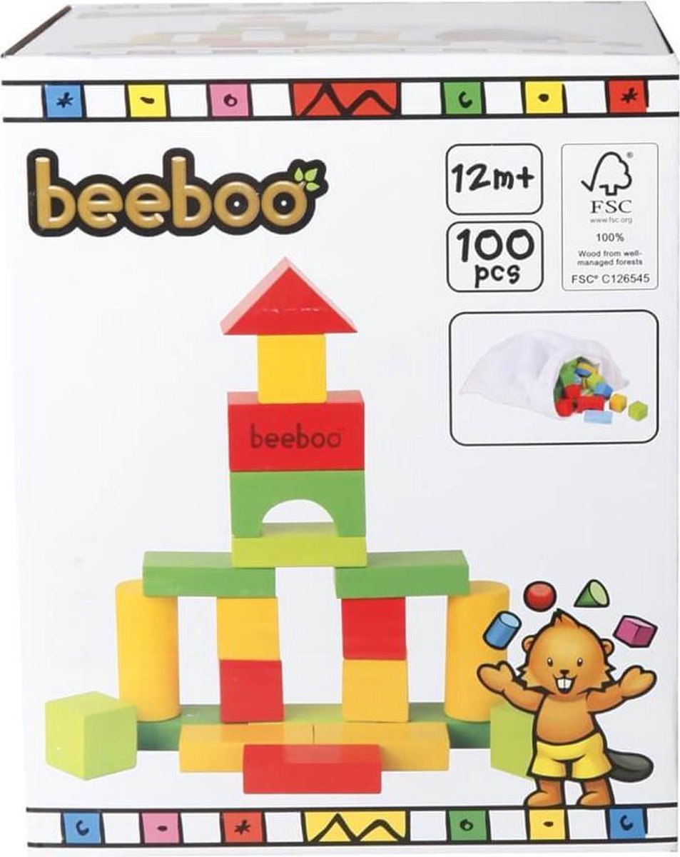Beeboo kleurrijke houten blokken - 100 stuks in handige stoffen opbergzak |  bol.com