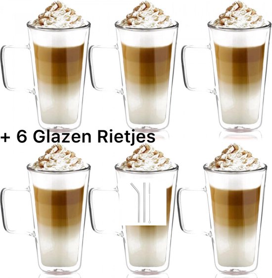 Dubbelwandige Glazen Met Handvat/Oor+6 Glazen Rietjes-Set Van 6-Latte  Macchiato... | bol.com