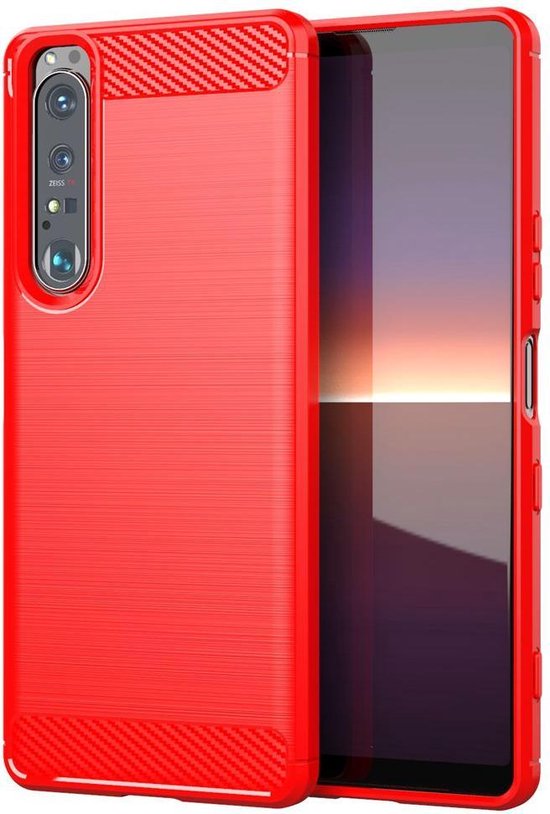 Sony Xperia 1 III hoesje - MobyDefend TPU Gelcase - Geborsteld Metaal + Carbonlook - Rood - GSM Hoesje - Telefoonhoesje Geschikt Voor Sony Xperia 1 III