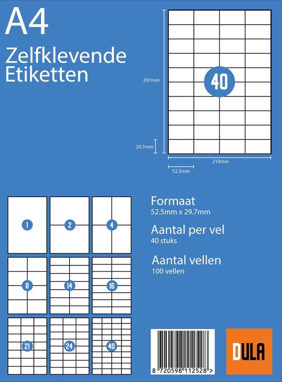DULA® Étiquettes A4 - 40 Autocollants par feuille - 52,5 x 29,7 mm - 100 feuilles
