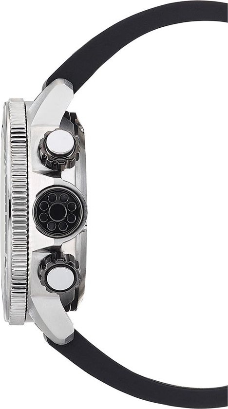 Zilverkleurige zijkant van een Citizen duikhorloge met zwarte band.