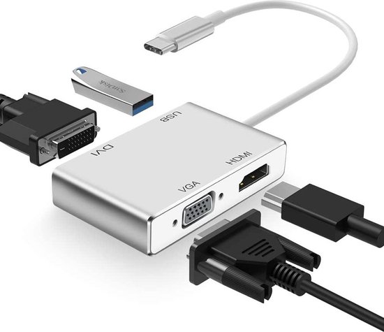 USB C naar HDMI DVI VGA-adapter, Weton 4-in-1 USB-C-hub naar 4K HDMI, VGA,...  | bol.com