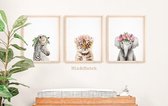 Posters Dieren Kinderkamer - Babykamer - Zebra - Leeuw - Olifant met bloemen 30x21cm - A4