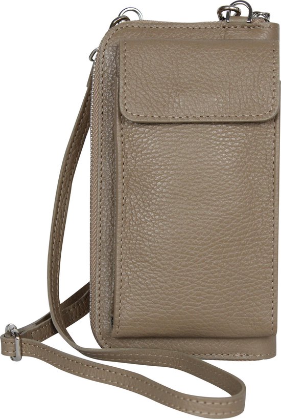 AmbraModa GLX21 - Italiaanse portemonnee telefoontasje schoudertas clutch bag gemaakt van echt leer. Beige zandkleur