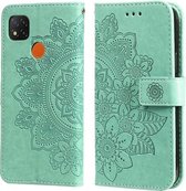 Voor Geschikt voor Xiaomi Redmi 9C 7-bloemblaadje Bloemen Embossing Patroon Horizontale Flip PU Lederen Case met Houder & Kaartsleuven & Portemonnee & Fotolijst (Groen)