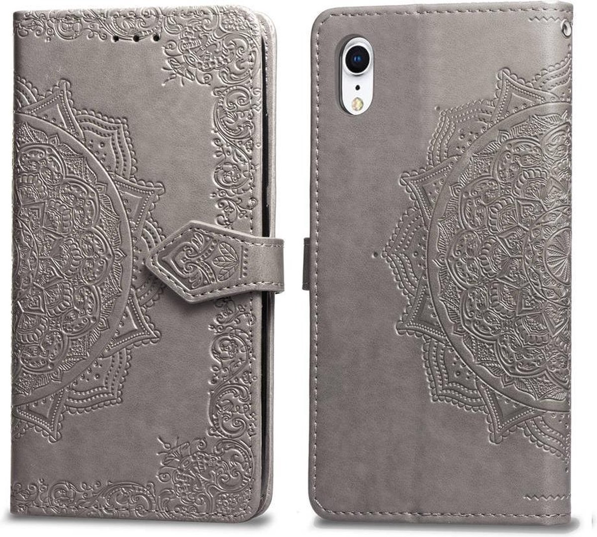 Geschikt voor Apple iPhone XR Bookcase - Grijs - Bloemen - Portemonnee Hoesje