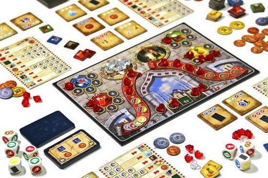 Overzicht van het bordspel Istanbul met dobbelstenen en kaarten.