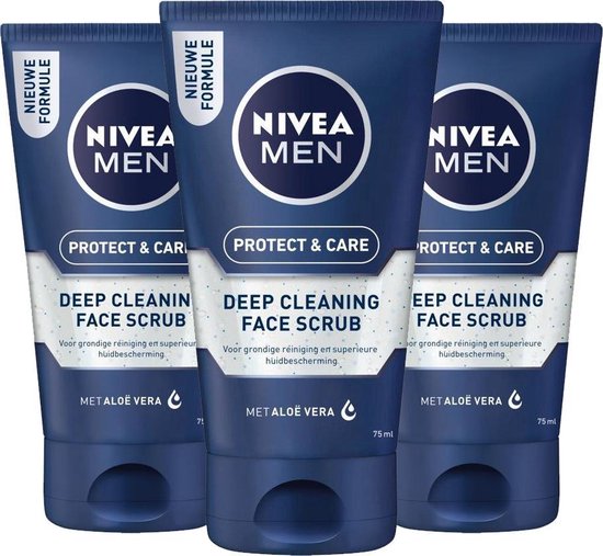 NIVEA MEN Protect & Care Reinigingsscrub - Scrub - Met Aloë Vera en Vitamine B5 - Intensieve reiniging - 3 x 75 ml - Voordeelverpakking