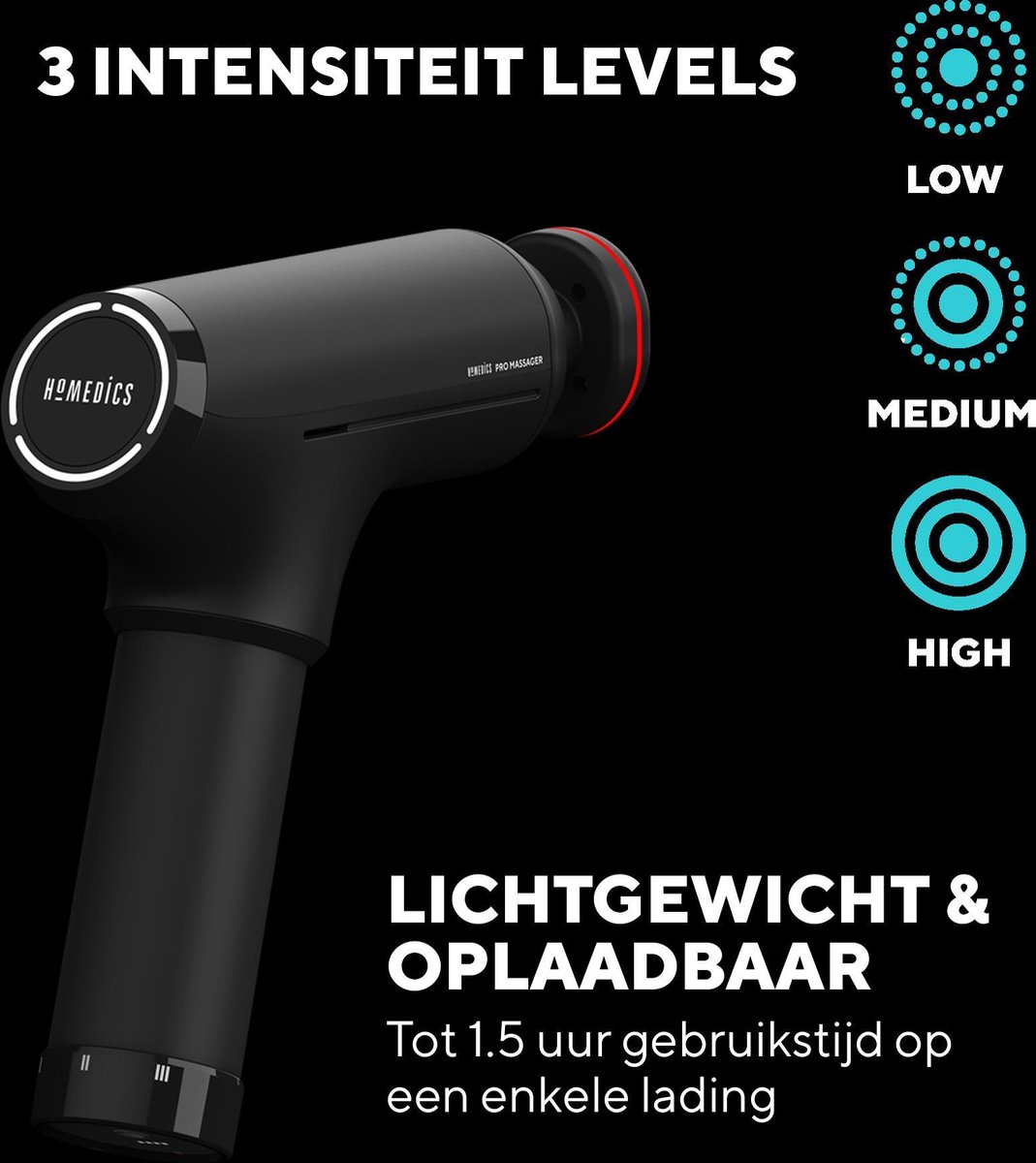 Afbeelding 3 van HoMedics PGM1000 Massage Gun - Massage Apparaat - Met warmte opzetstuk - Inclusief Koffer en 6 Opzetstukken - Krachtig en Draadloos - 3 intensiteitstanden - Professioneel - Massage pistool - Fitness