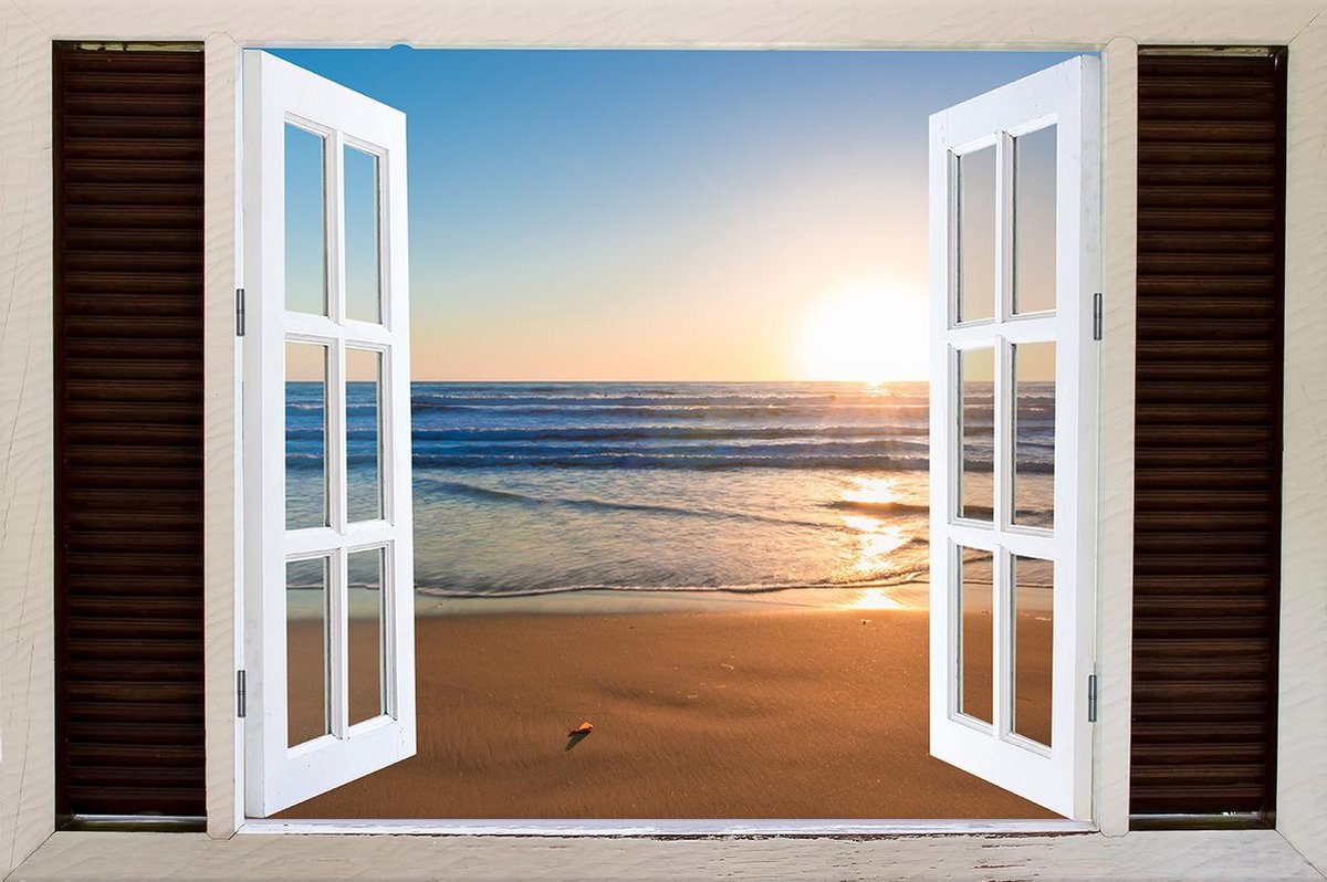 Tuindoek doorkijk openslaand venster naar een Tropisch / Eiland / Strand - 150x100cm - tuinposter - tuinposter doorkijkje – Doorkijk tuinposter - tuinposter doorkijk XL – Tuinposter Voor Buiten