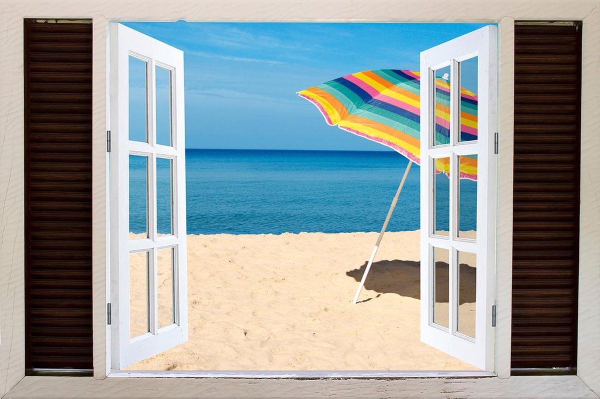 Tuindoek doorkijk door openslaand venster naar een Tropisch / Eiland / Strand - 150x100cm - tuinposter - tuinposter doorkijkje – Doorkijk tuinposter - tuinposter doorkijk XL – Tuinposter buiten met een zee, strand en palmbomen