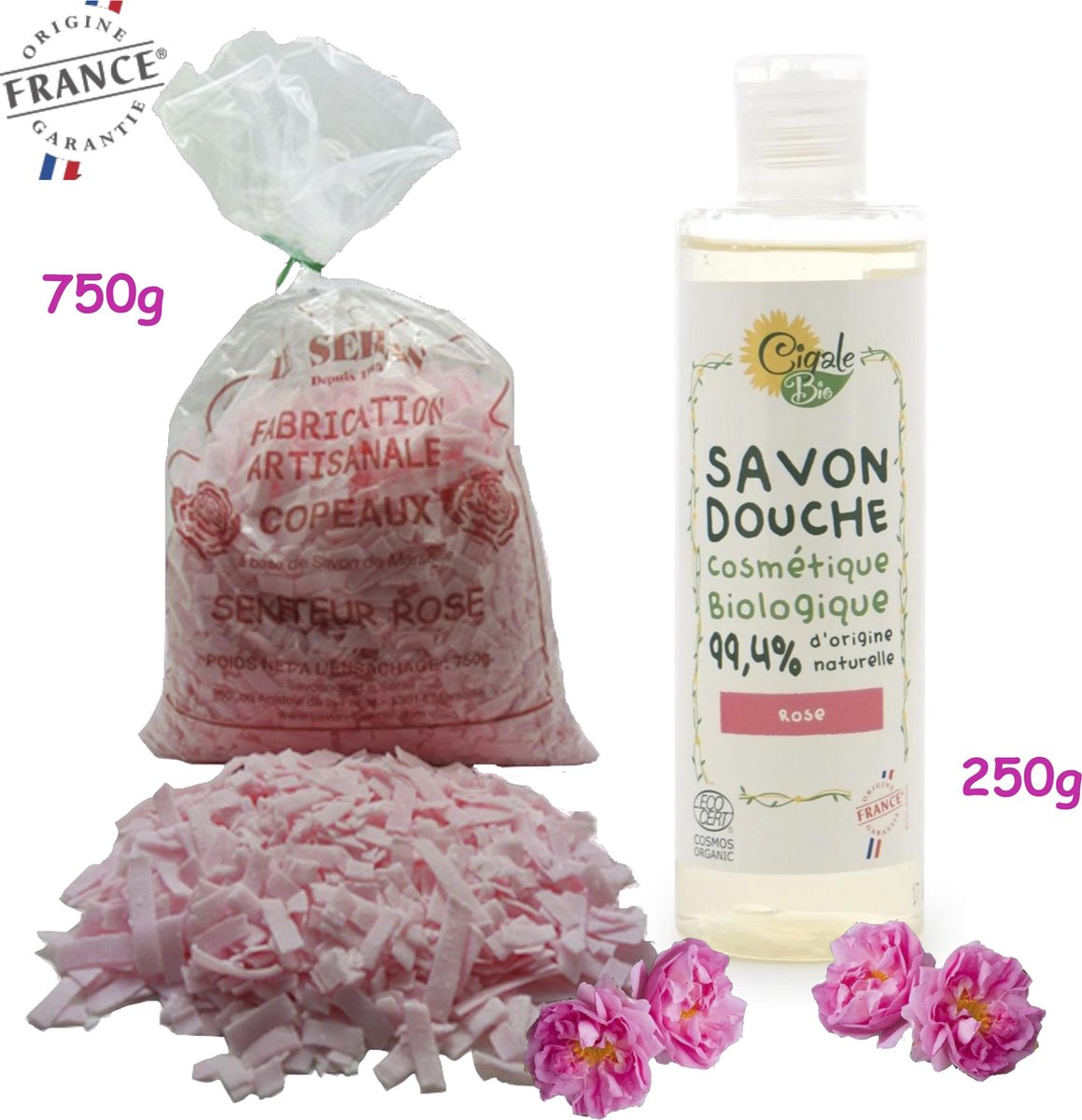 Bio AKTIE voordeel pakket. Biologische rozen douchegel 250ml. Rozen zeepvlokken 750g. Zonder conserveringsmiddelen.