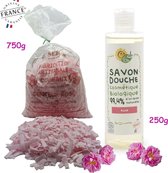 Bio AKTIE voordeel pakket. Biologische rozen douchegel 250ml. Rozen zeepvlokken 750g = +825 wasbeurten. Zonder conserveringsmiddelen.