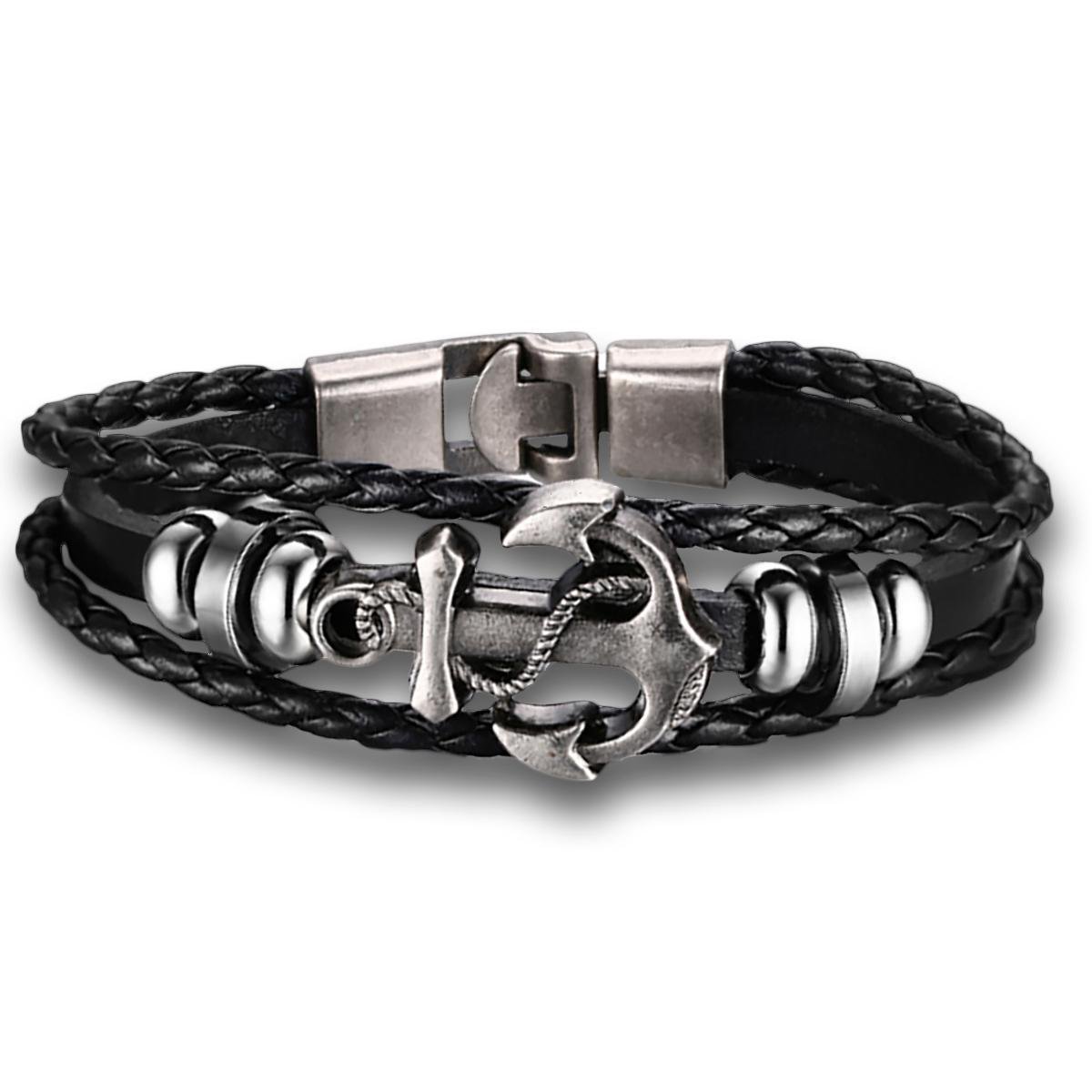 Victorious Leren Armband Heren – RVS Roestvrij Staal – Anker - Zwart/Zilver – 22cm