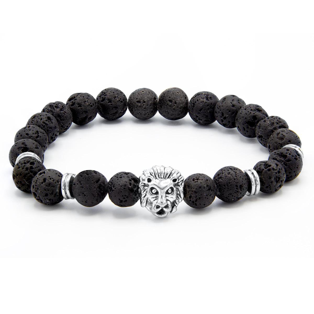 Victorious Natuurstenen Kralen Armband Heren – Zilveren Leeuw – Zwart – 18m