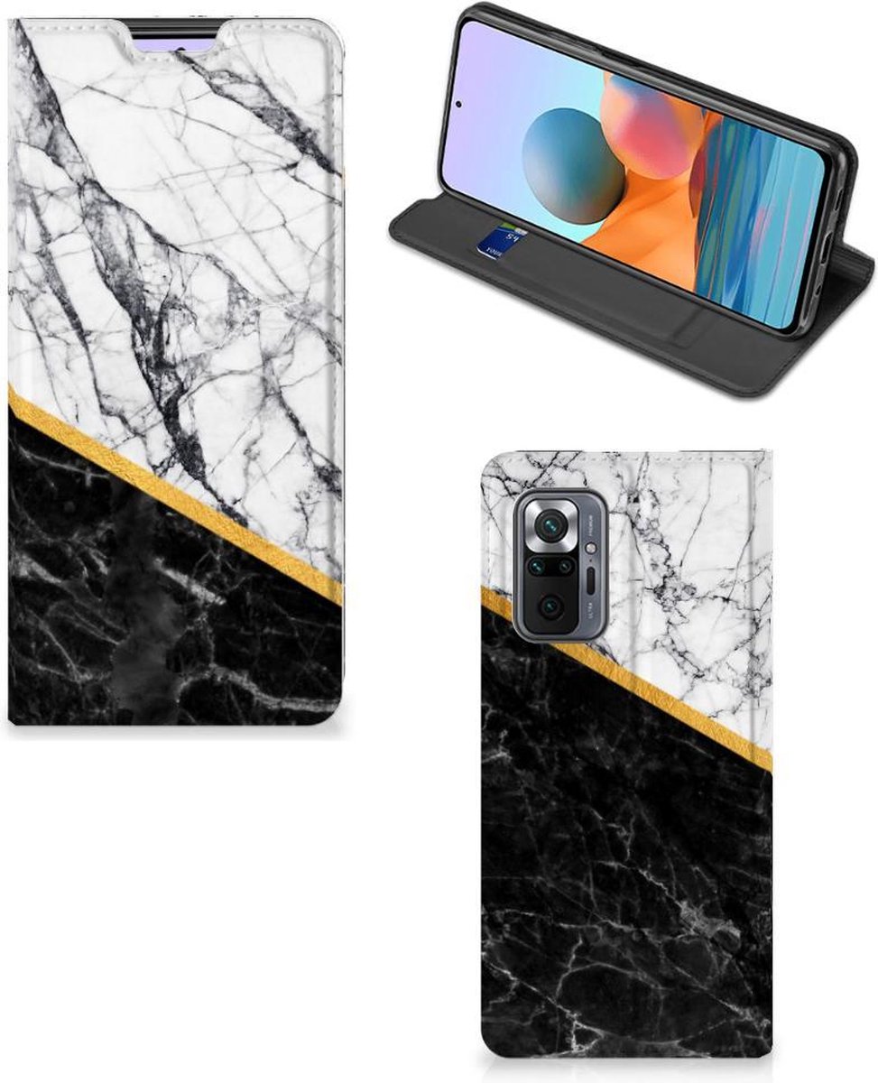 Xiaomi Redmi Note 10 Pro Standcase Marmer Wit Zwart - Origineel Cadeau Man