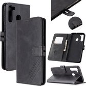 Voor Samsung Galaxy A21 Stiksels Stijl 2-Kleur Koe Textuur Horizontale Flip PU Lederen Case met Houder & Kaartsleuf & Lanyard (Zwart)