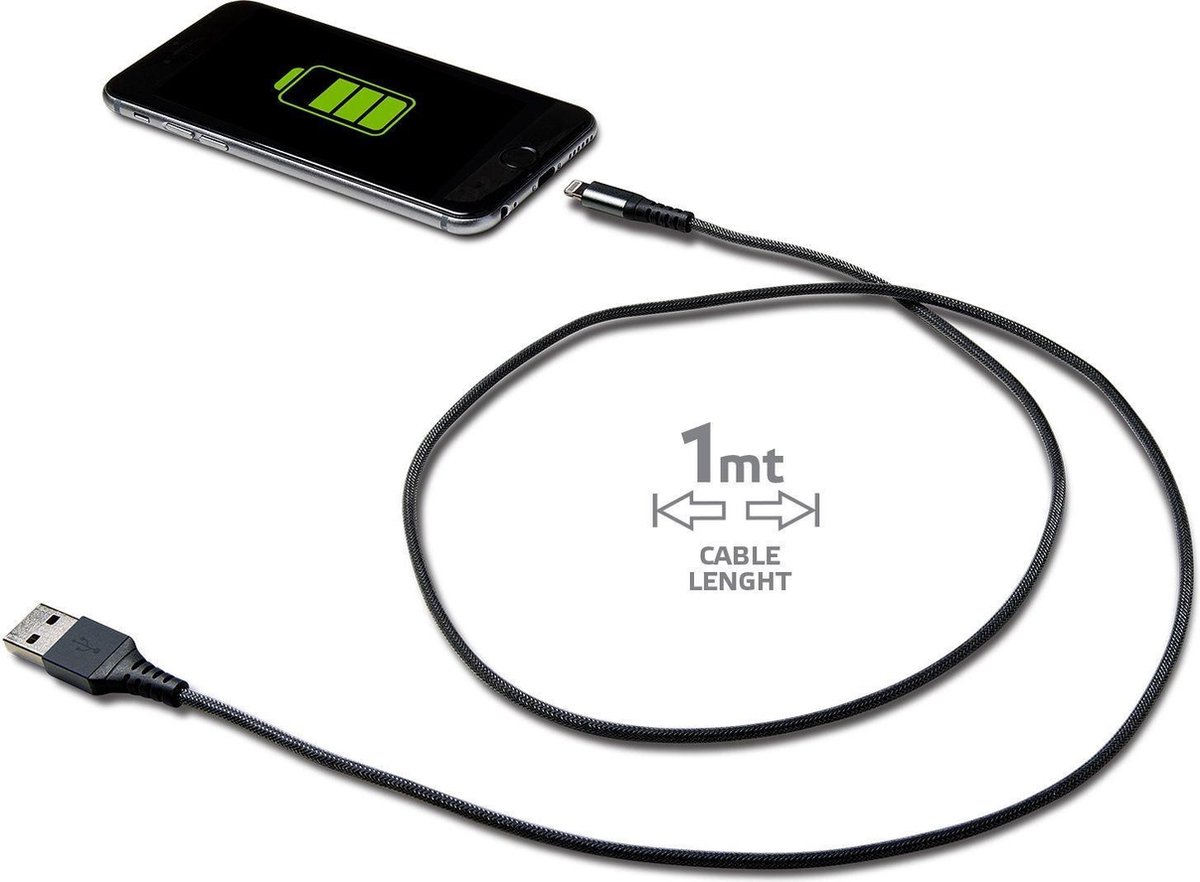 Celly Datakabel Lightning – Voor iPod, iPad en iPhone - Nylon - Extra sterk - 1 Meter - Zwart