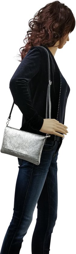 AmbraModa GLX11 - Sac à bandoulière, pochette, sac pour téléphone en cuir véritable avec bandoulière amovible et réglable, adapté aux téléphones portables et tablettes jusqu'à 7 pouces. Argent métallisé
