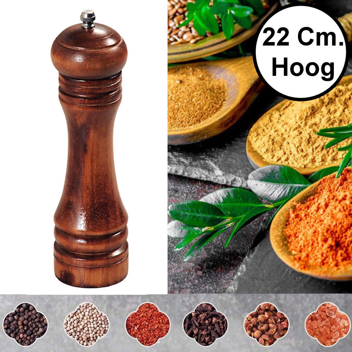 Pepermolen Rubberhout - Ø5.6 Hoogte: 22 Cm - Zoutmolen en kruidenmolen - Peper / Zout / Kruiden molen - Keramisch maalwerk - 22 Cm