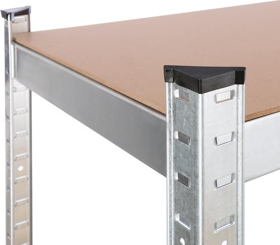Detail van de metalen hoeken met zwarte beschermdoppen van een AREBOS stellingkast.