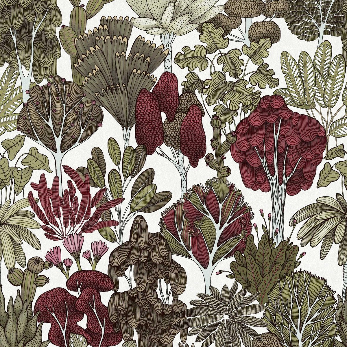 DOODLE DESIGN BOMEN BEHANG - Groen Rood Wit -