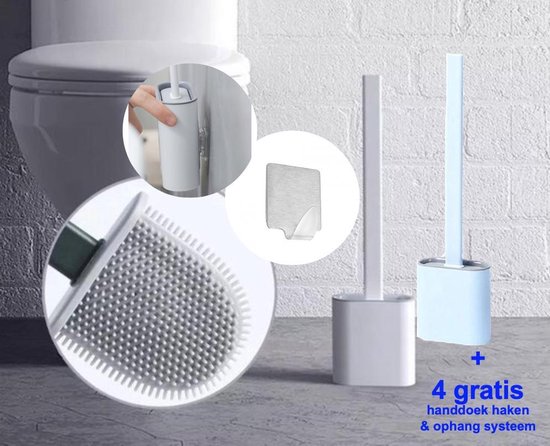 Flexibele siliconen WC borstel met houder - Hygiënische toiletborstel met ophangsysteem / wandmontage - Duurzaam en antibacterieel – Blauw - Toilet/WC/Badkamer Accessoires - met gratis handdoek haak set