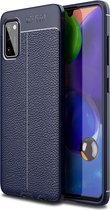 Samsung A41 Hoesje Shock Proof Siliconen Hoes Case | Back Cover TPU met Leren Textuur - Blauw