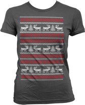 Dames Fun Tshirt -2XL- Christmas Knit Pattern Grijs