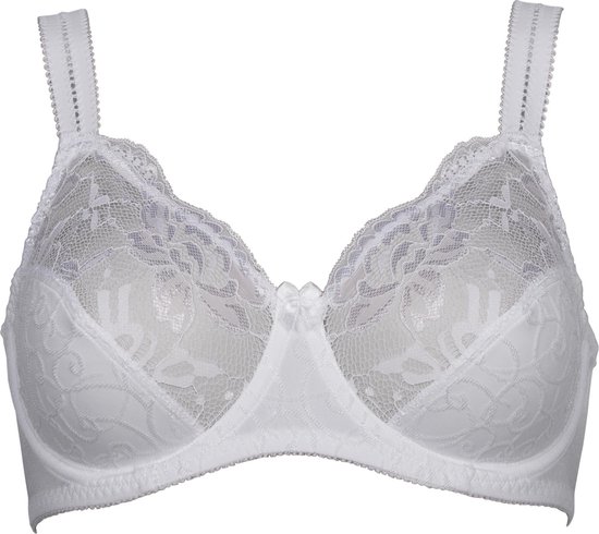 Witte kanten bh met decoratieve strik en verstelbare bandjes.