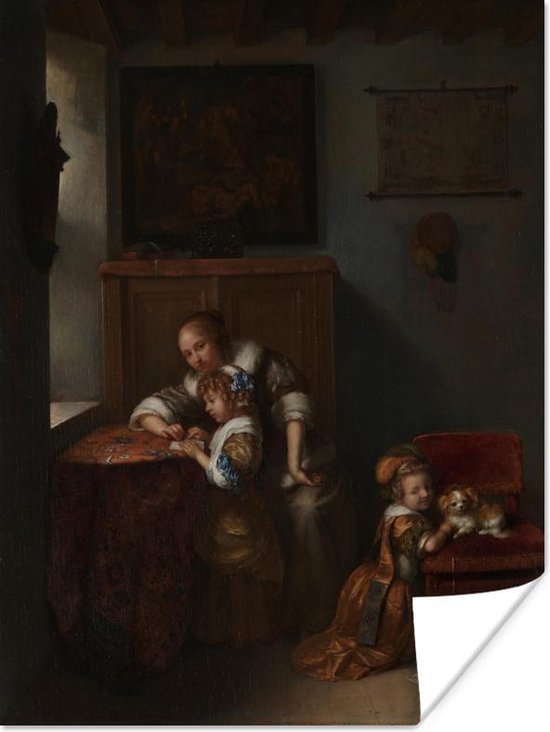 A lady teaching a child to read – Schilderij van Caspar Netscher 60×80 cm – Foto print op Poster (wanddecoratie woonkamer / slaapkamer)
