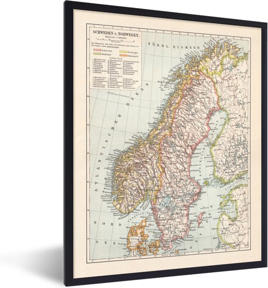 Fotolijst incl. Poster - Gedetailleerde kaart van Zweden en Noorwegen - Posterlijst